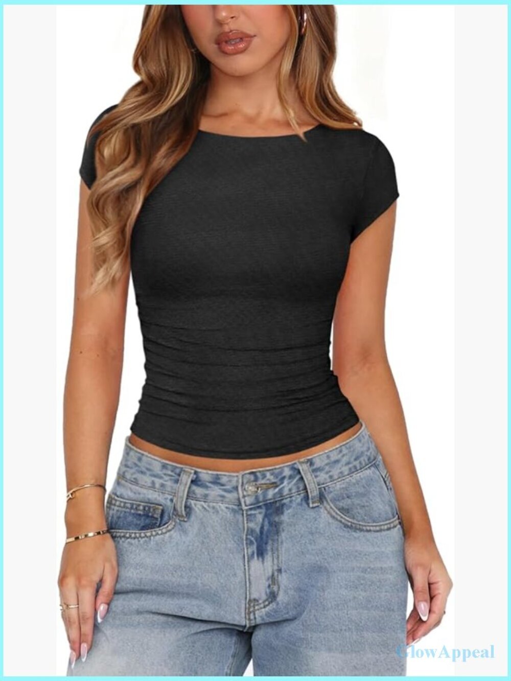 Women's Boat Neck Cap Sleeve Ruched Mesh Top Fitted Tee